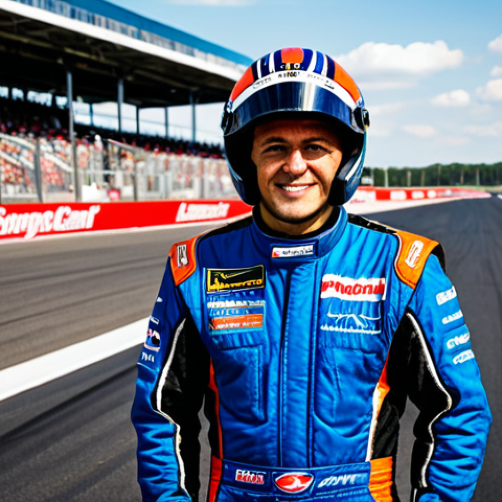 A professional race car driver, male, wearing a fully zipped, modest, and professional racing suit with team logos. He stands confidently beside a sleek, high-performance, modern race car. The setting is a brightly lit, clean pit lane at a well-maintained racetrack, with a hint of other professional crew in the background. His helmet is resting on a table nearby, symbolizing preparedness and safety. The image is a professional photograph, high detail, perfect anatomy, correct proportions, natural pose, well-formed hands, proper finger count, natural body proportions, safe for work, appropriate content, fully clothed, modest, family-friendly.