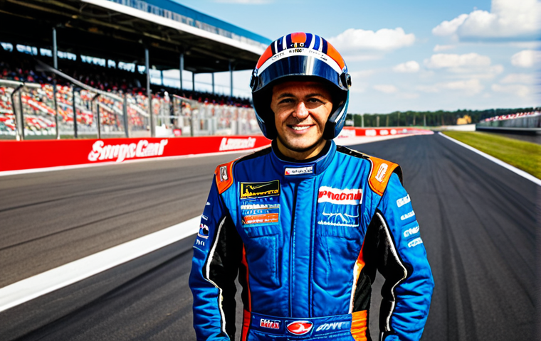 A professional race car driver, male, wearing a fully zipped, modest, and professional racing suit with team logos. He stands confidently beside a sleek, high-performance, modern race car. The setting is a brightly lit, clean pit lane at a well-maintained racetrack, with a hint of other professional crew in the background. His helmet is resting on a table nearby, symbolizing preparedness and safety. The image is a professional photograph, high detail, perfect anatomy, correct proportions, natural pose, well-formed hands, proper finger count, natural body proportions, safe for work, appropriate content, fully clothed, modest, family-friendly.