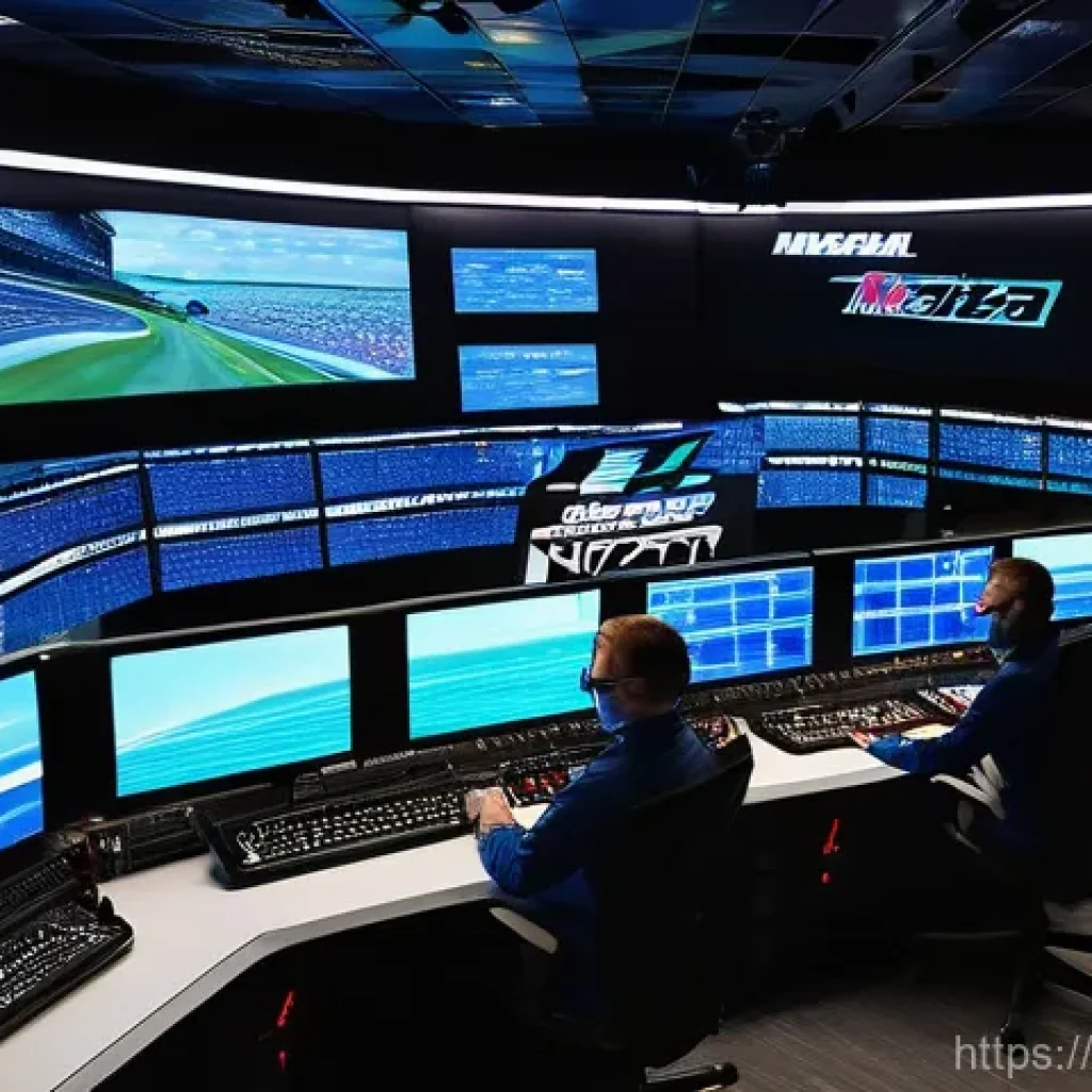 NASCAR 드라이버 분석 - **A high-tech NASCAR race control room bustling with activity.** In the foreground, a diverse team o...