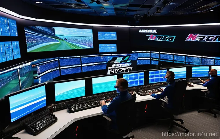 NASCAR 드라이버 분석 - **A high-tech NASCAR race control room bustling with activity.** In the foreground, a diverse team o...