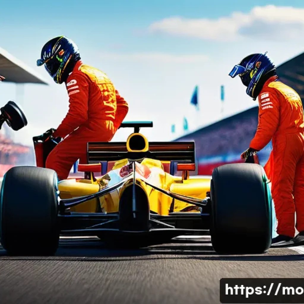 모터스포츠 초보자 입문 가이드 - **Prompt 1: Dynamic Pit Stop Action** "A high-octane Formula 1 pit stop scene. The racing car is...