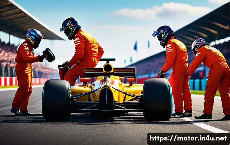 모터스포츠 초보자 입문 가이드 - **Prompt 1: Dynamic Pit Stop Action** "A high-octane Formula 1 pit stop scene. The racing car is...