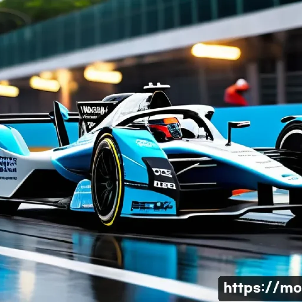 포뮬러 E 전기차 기술 - A high-tech electric race car speeding on a wet Miami street circuit during the Formula E E-PRIX, sh...
