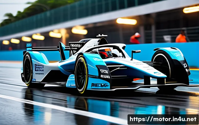 포뮬러 E 전기차 기술 - A high-tech electric race car speeding on a wet Miami street circuit during the Formula E E-PRIX, sh...