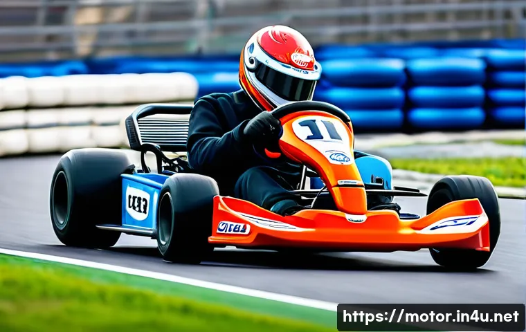 카트 레이싱 입문 가이드 - A detailed scene of a beginner-friendly go-kart with a sturdy frame and moderate engine size, design...