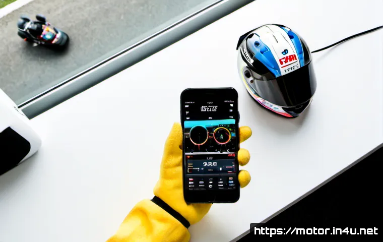 모터스포츠 관련 앱 추천 - Photorealistic overhead view of a clean modern desk with a smartphone displaying a generic motorspor...